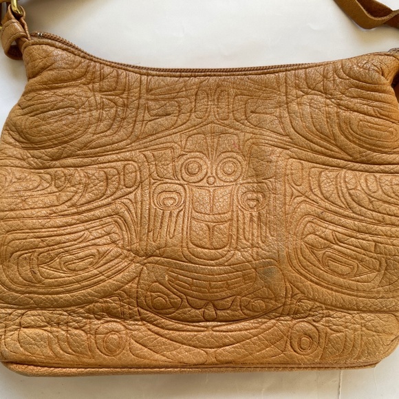 Brama Leather Bag Small Shoulder Tan Native Art Zip Closure Genuine DeerSkin - Picture 5 of 6